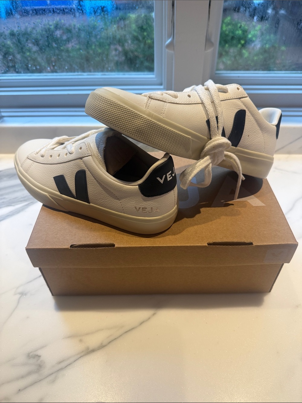 Veja Campo White Leather Sneakers with Black V Accents